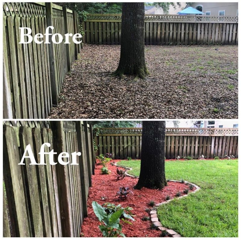 Before and after: a bare backyard corner by a fence, then the same corner with a mulched, planted bed.